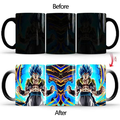 Black ceramic dragon ball z goku color changing mug with vibrant blue and gold super saiyan design 400ml