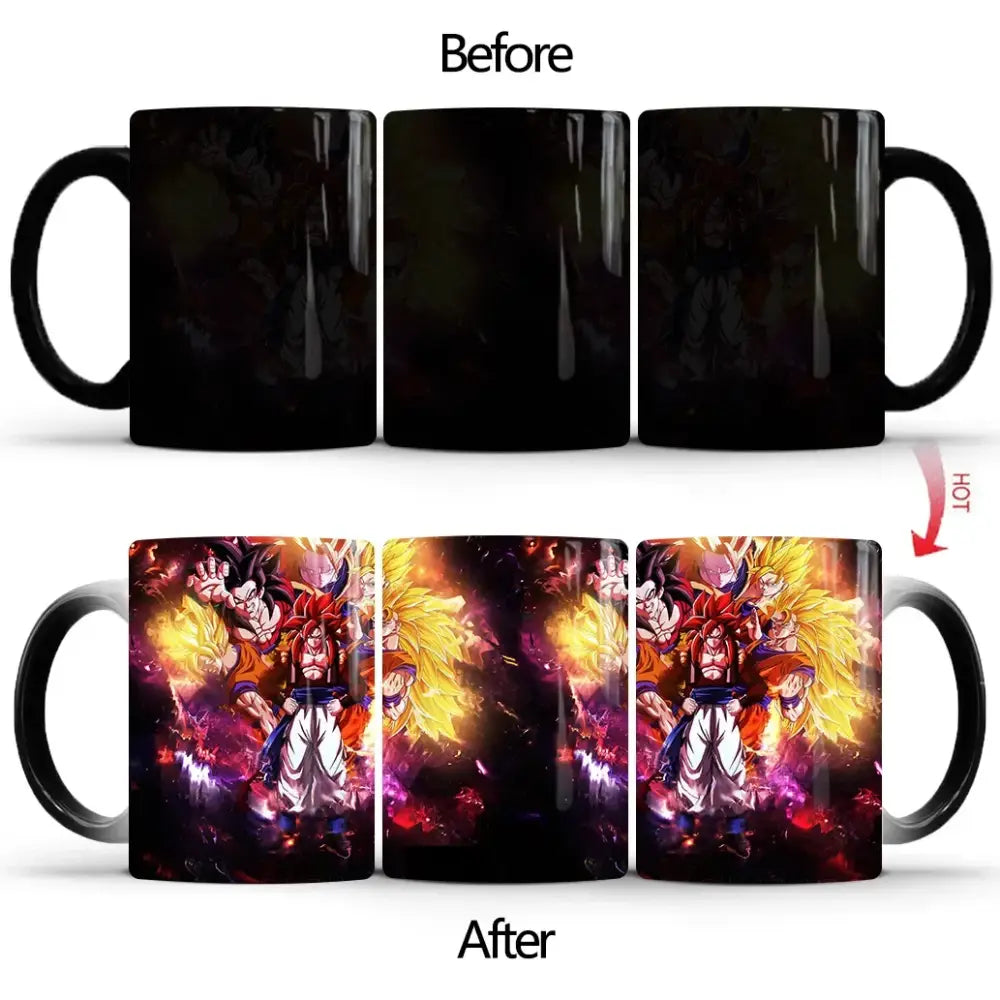Black ceramic dragon ball z goku color changing mug showing a fiery anime scene when heated 400ml ceramic