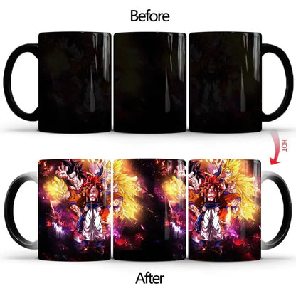 Black ceramic dragon ball z goku color changing mug showing a fiery anime scene when heated 400ml ceramic