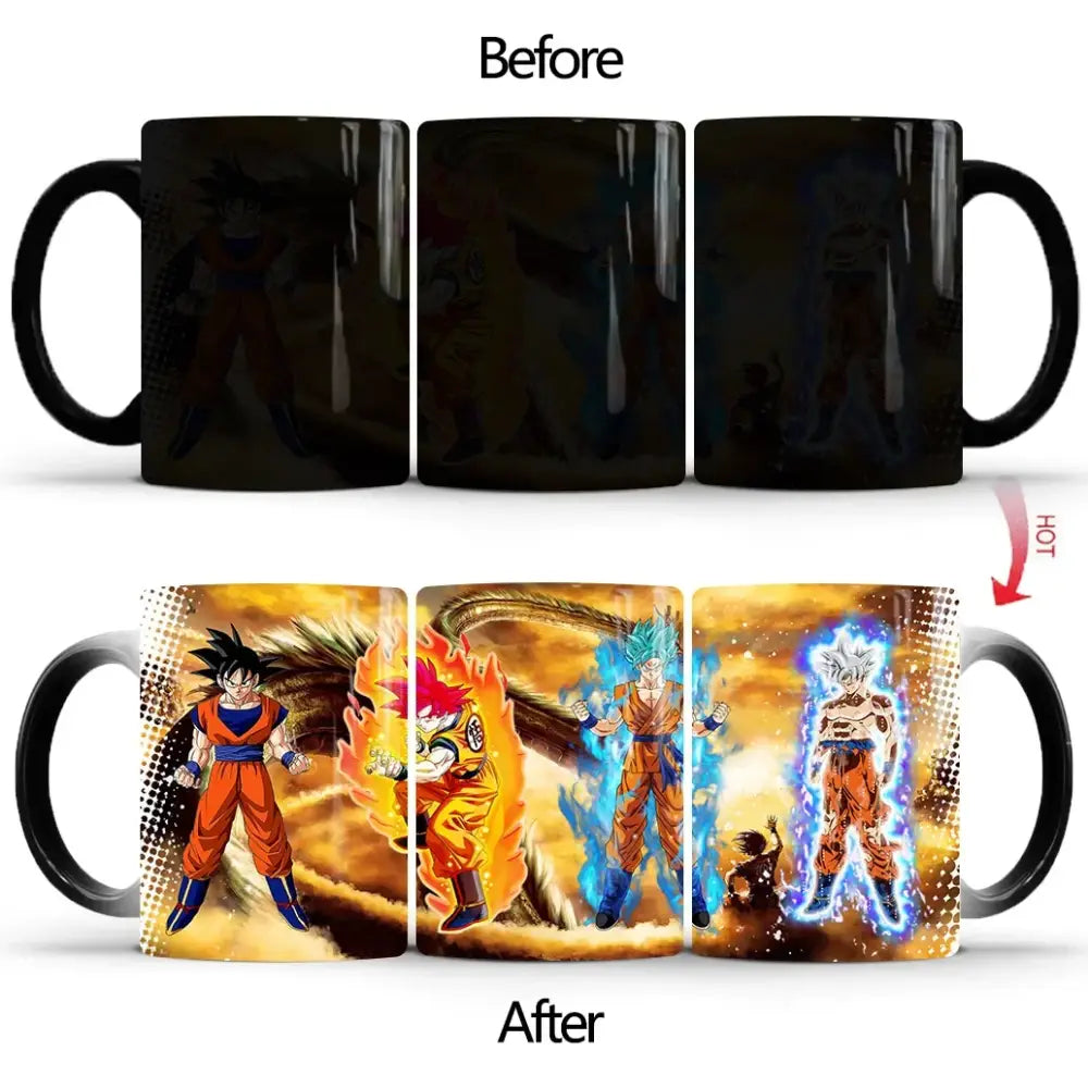 Black ceramic dragon ball z goku color changing mug with vibrant orange and blue heat activated design 400ml