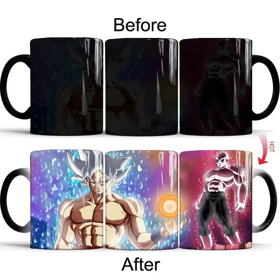Black ceramic dragon ball z goku color changing mug revealing vibrant anime characters when warmed 400ml ceramic