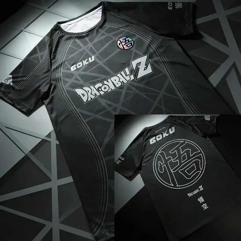 Black short-sleeved dragon ball z goku rash guard with white branding and emblem for breathable plus size football use