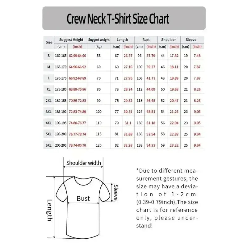 Crew neck dragon ball z goku football jersey size chart with measurements in cm and inches for s to 6xl sizes