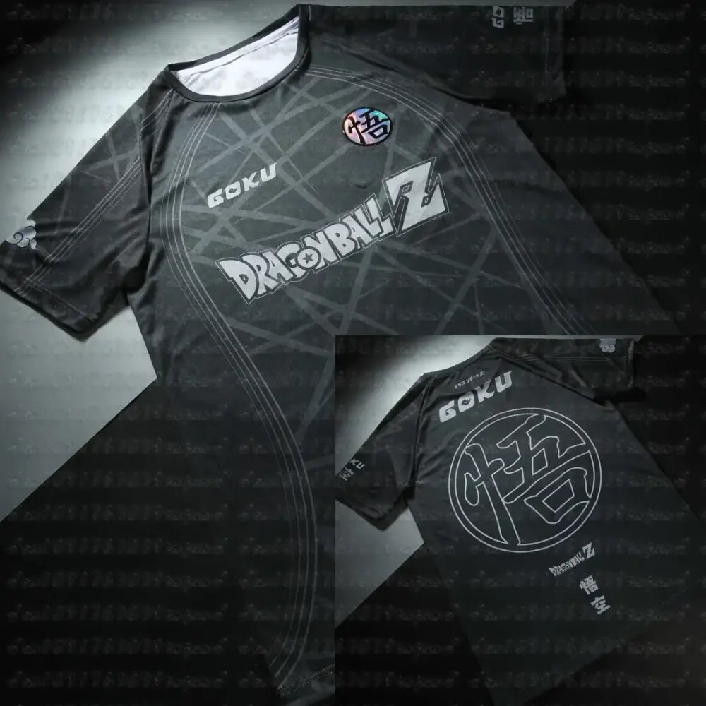 Black dragon ball z goku short sleeve rash guard with white logo and iridescent emblem for goku football use