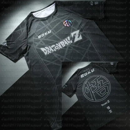 Black dragon ball z goku short sleeve rash guard with white logo and iridescent emblem for goku football use