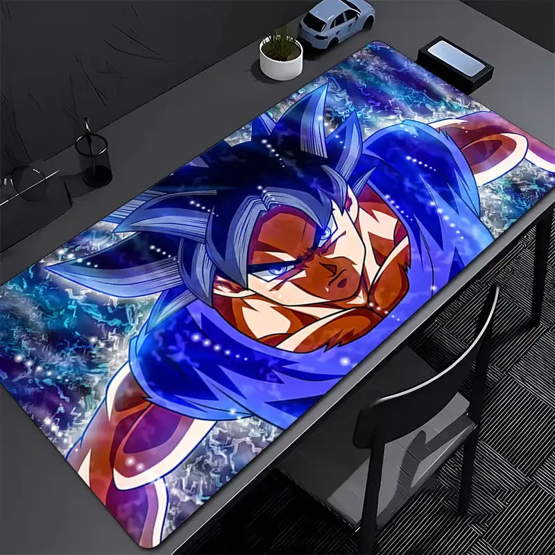 Dragon ball z goku gaming mousepad with vibrant blue and purple cloth surface featuring super saiyan blue goku illustration