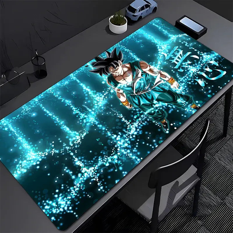 Dragon ball z goku gaming mouse pad with vibrant blue cloth surface featuring super saiyan blue goku and cosmic background