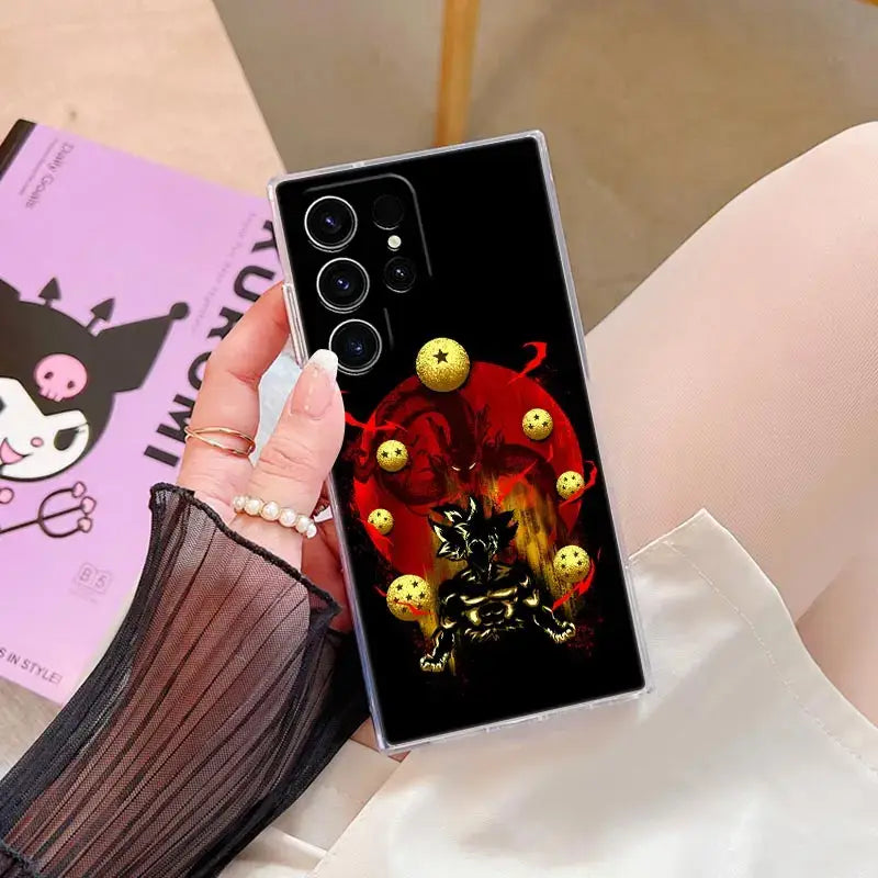 Black dragon ball z goku phone case with vibrant red and gold design on the back for samsung ultra cover