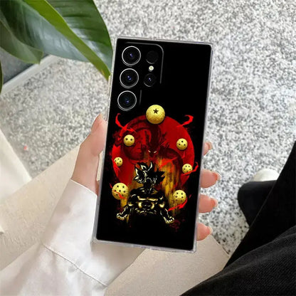 Black samsung ultra phone case featuring dragon ball z goku in super saiyan form with golden dragon balls on back