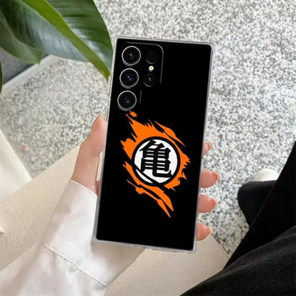 Black dragon ball z goku samsung ultra phone case with orange flame design and white kanji on back side