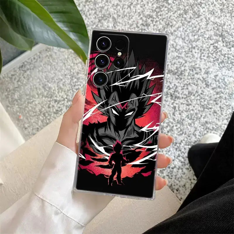 Clear samsung ultra phone case featuring a bold black and red dragon ball z goku super saiyan blue design on back