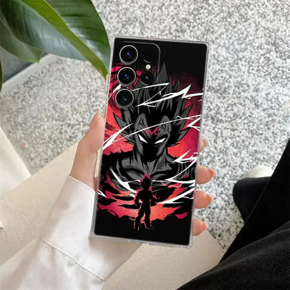 Clear samsung ultra phone case featuring a bold black and red dragon ball z goku super saiyan blue design on back