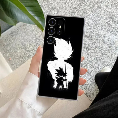 Black samsung ultra phone case with distressed white dragon ball z goku silhouette on the back side