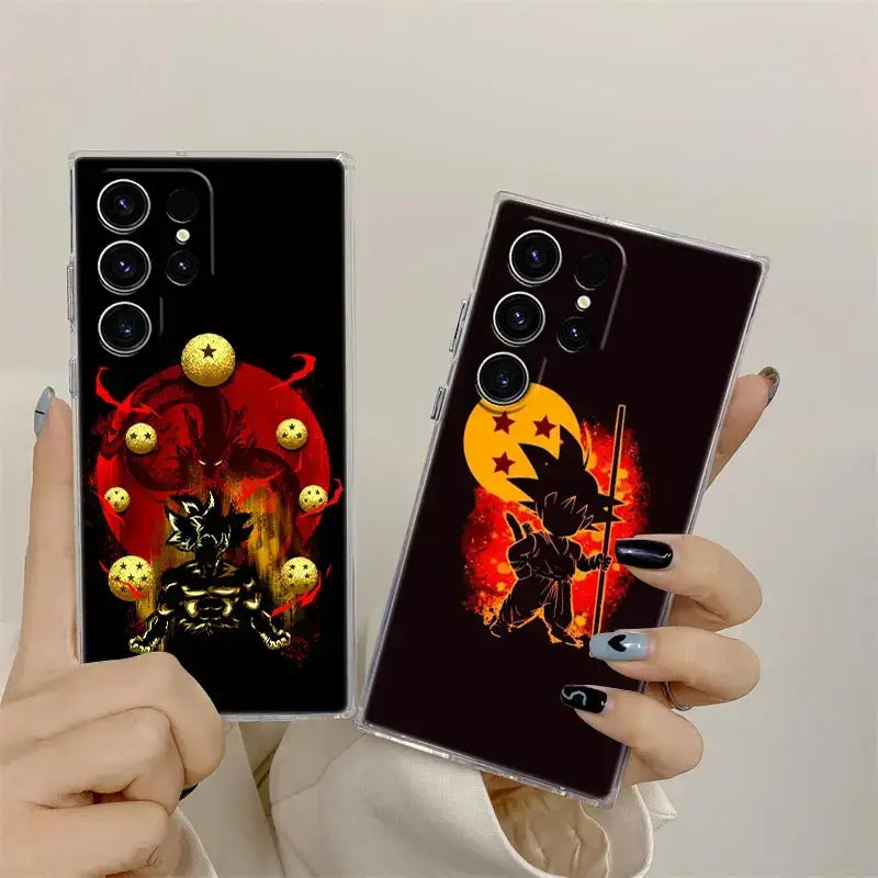 Two clear samsung ultra phone cases featuring ball z goku designs with black goku and orange moon silhouettes on back