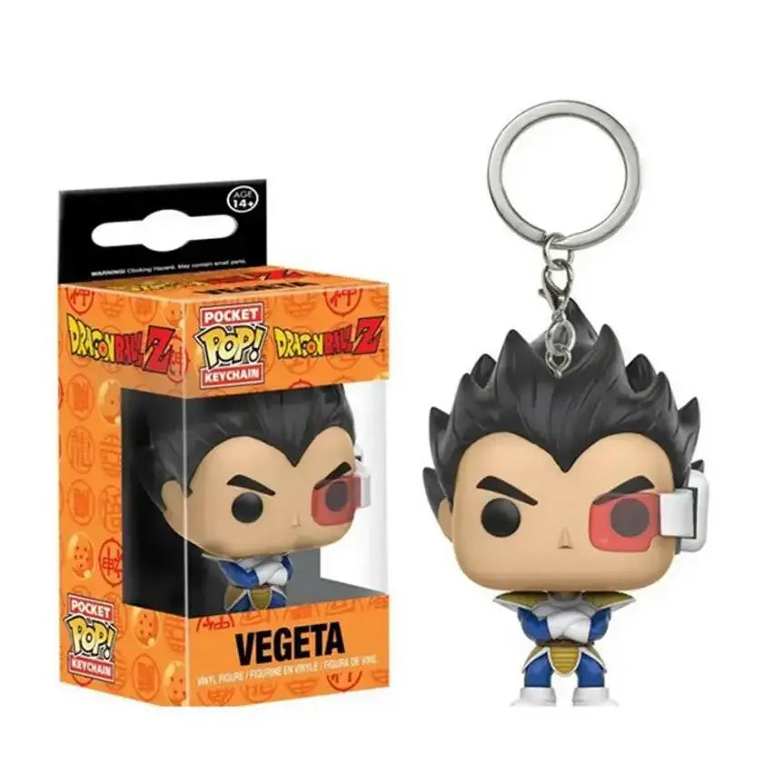 Dragon ball z funko pop keychain featuring vegeta with black spiky hair red eye patch and blue white saiyan armor