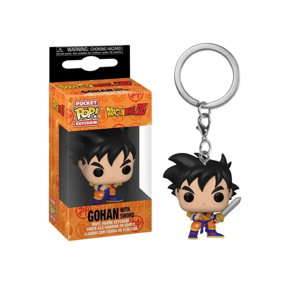 Orange and black dragon ball z gohan vinyl funko pop keychain with sword collectible figure model