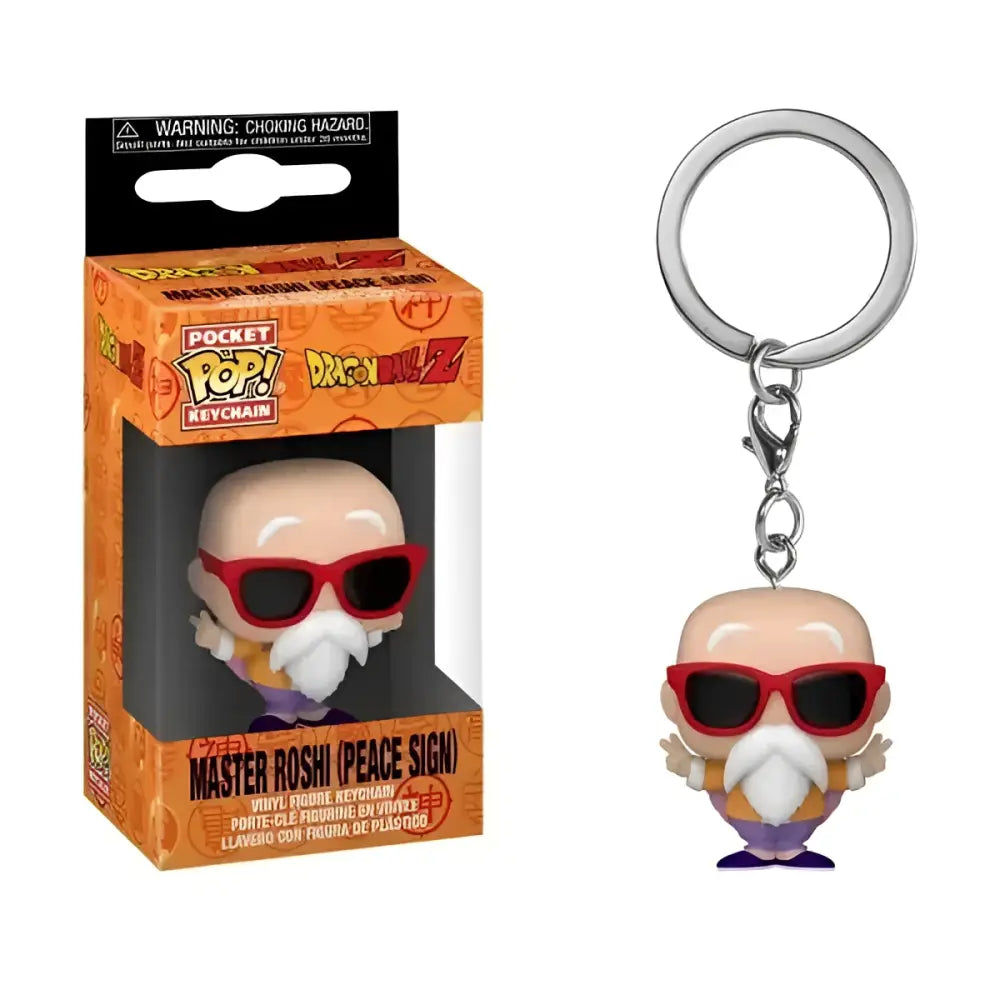 Dragon ball z funko pop keychain featuring master roshi with red sunglasses and white beard in iconic pose