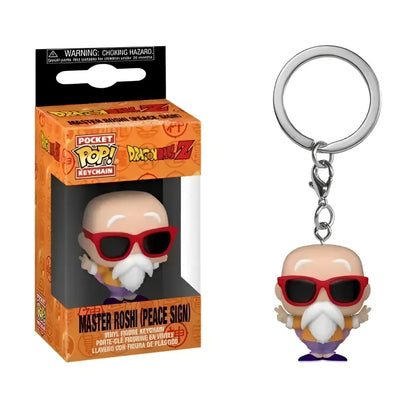 Dragon ball z funko pop keychain featuring master roshi with red sunglasses and white beard in iconic pose