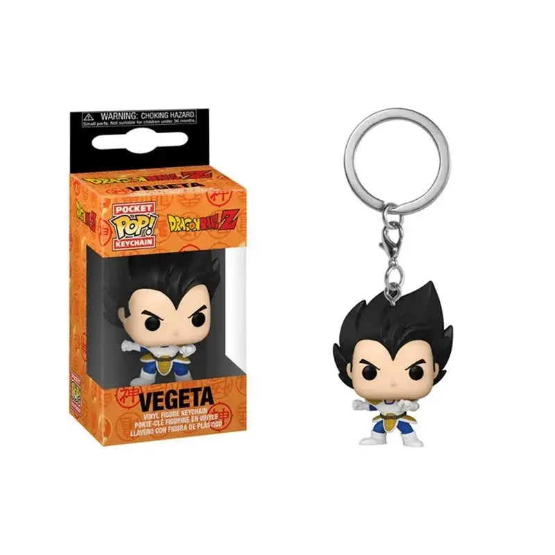 Funko pocket pop keychain featuring vegeta in white and blue saiyan battle suit from dragon ball z collectible model