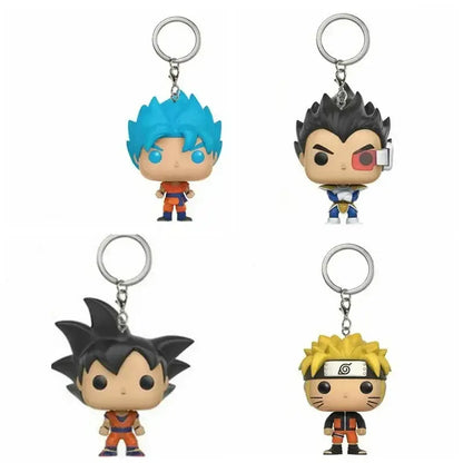 Four dragon ball z funko pop keychains featuring colorful anime character designs collectible pvc figures