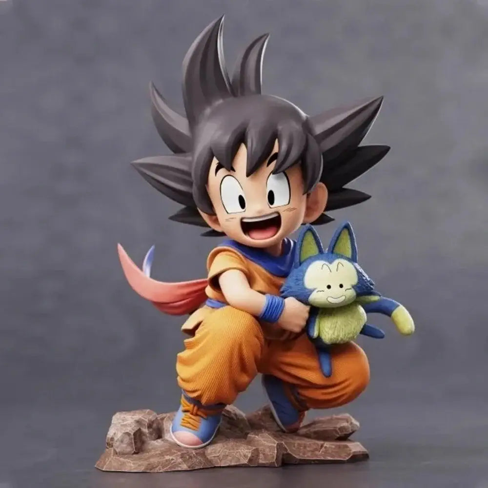 Dragon ball z goku durable pvc statue 10cm chibi figure in orange gi holding plush puar collectible toy