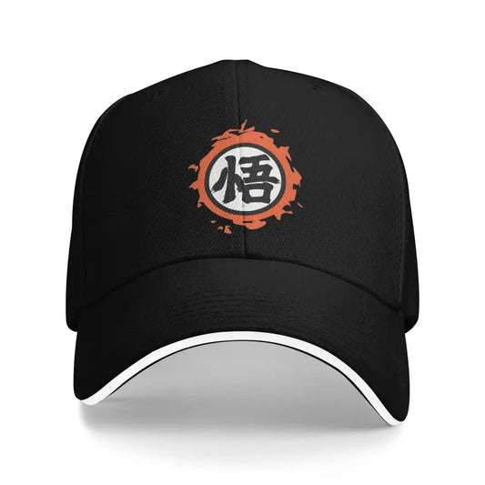 Black adjustable snapback cap featuring a white and orange悟 logo embroidered for dragon ball z goku fans