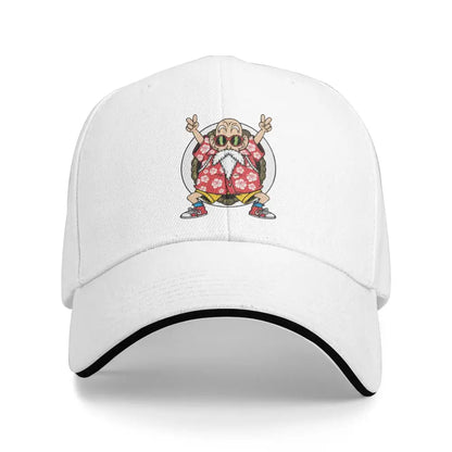 White baseball cap with black trim featuring colorful embroidered master roshi graphic dragon ball adjustable snapback