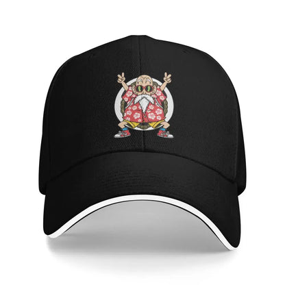 Black adjustable snapback cap with white trim featuring colorful master roshi graphic from dragon ball ball z goku series