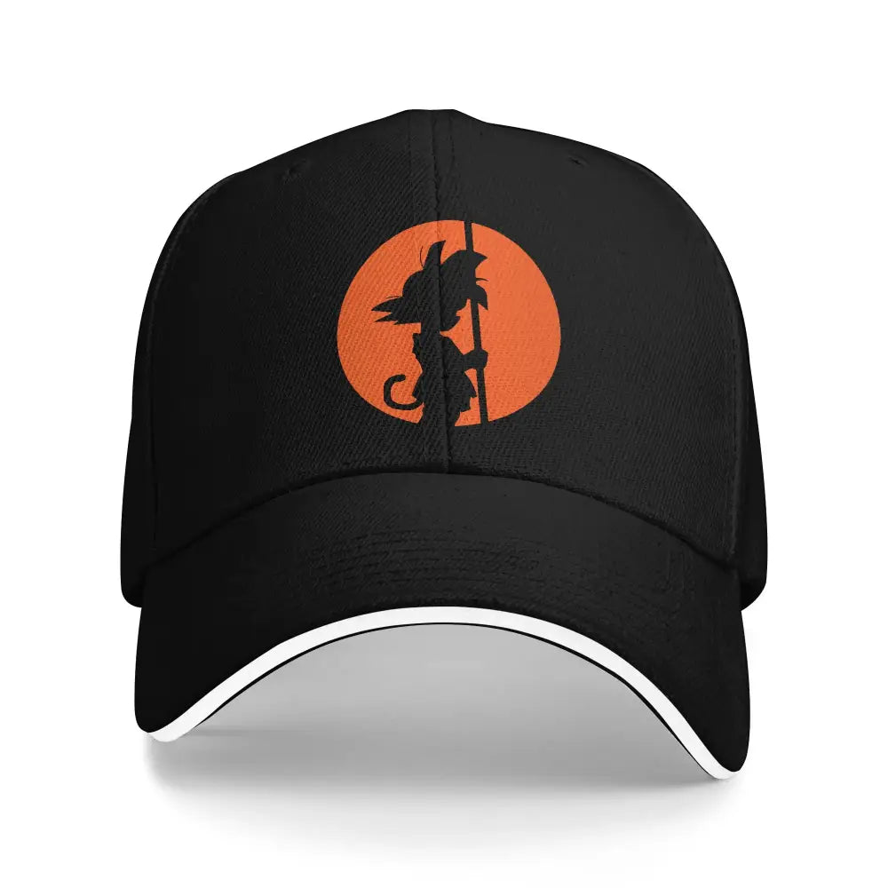 Black dragon ball z goku snapback cap with white brim and orange graphic featuring ball z goku silhouette adjustable fit