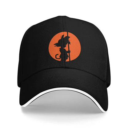 Black dragon ball z goku snapback cap with white brim and orange graphic featuring ball z goku silhouette adjustable fit