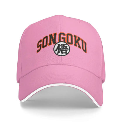 Pink dragon ball z goku snapback cap with adjustable fit featuring embroidered songoku and kanji emblem