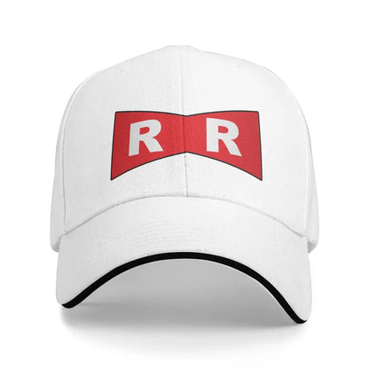 White dragon ball z goku snapback cap with red bow logo and black trim adjustable fit for casual wear