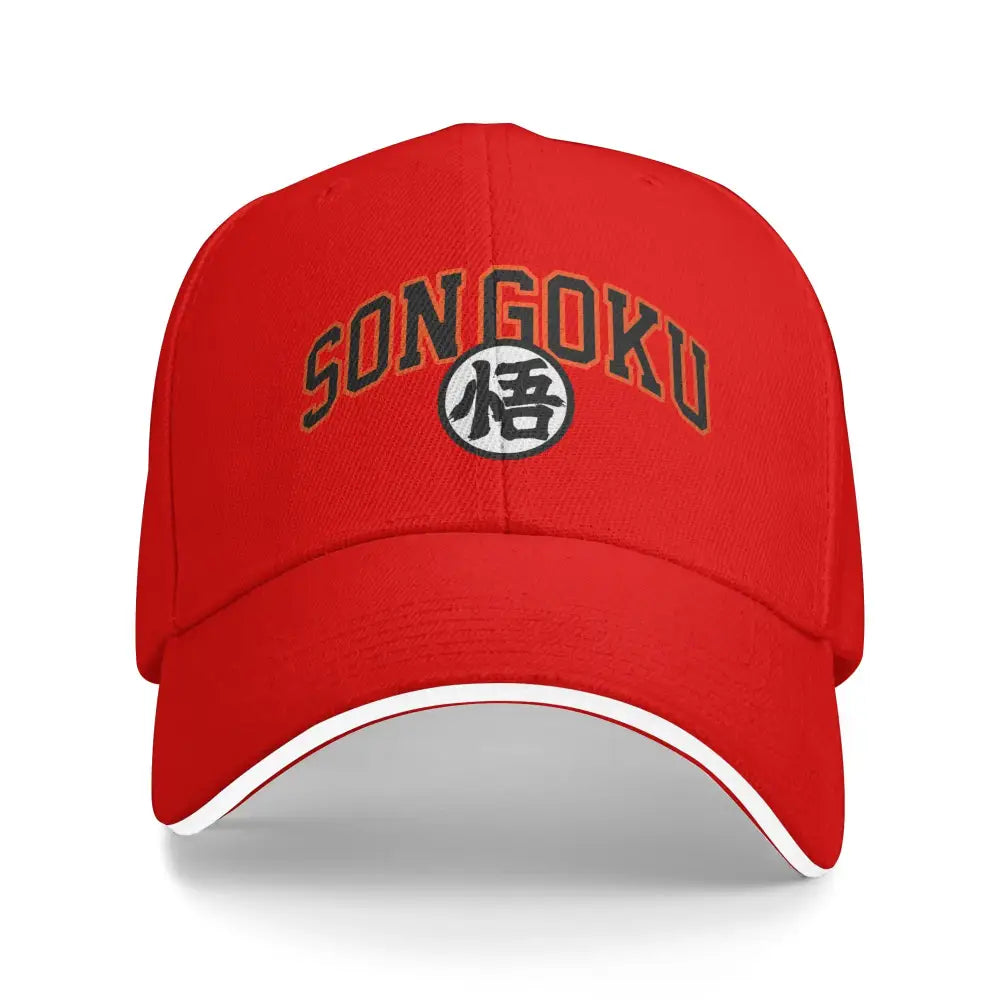Red dragon ball z goku snapback cap with adjustable fit featuring songoku text and悟 emblem with white brim trim