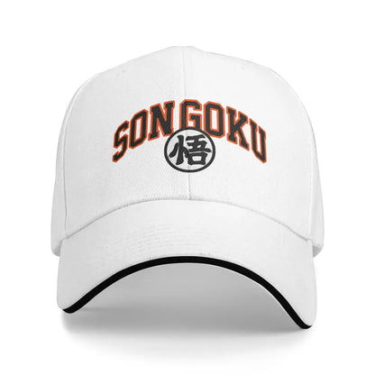 White dragon ball z goku snapback cap with adjustable fit featuring songoku embroidery and black kanji symbol