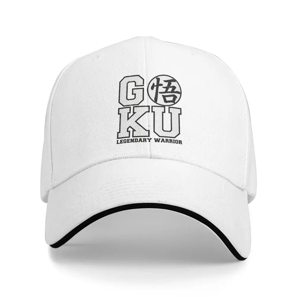 White dragon ball snapback cap with black trim and bold ball z goku legendary warrior graphic, adjustable fit