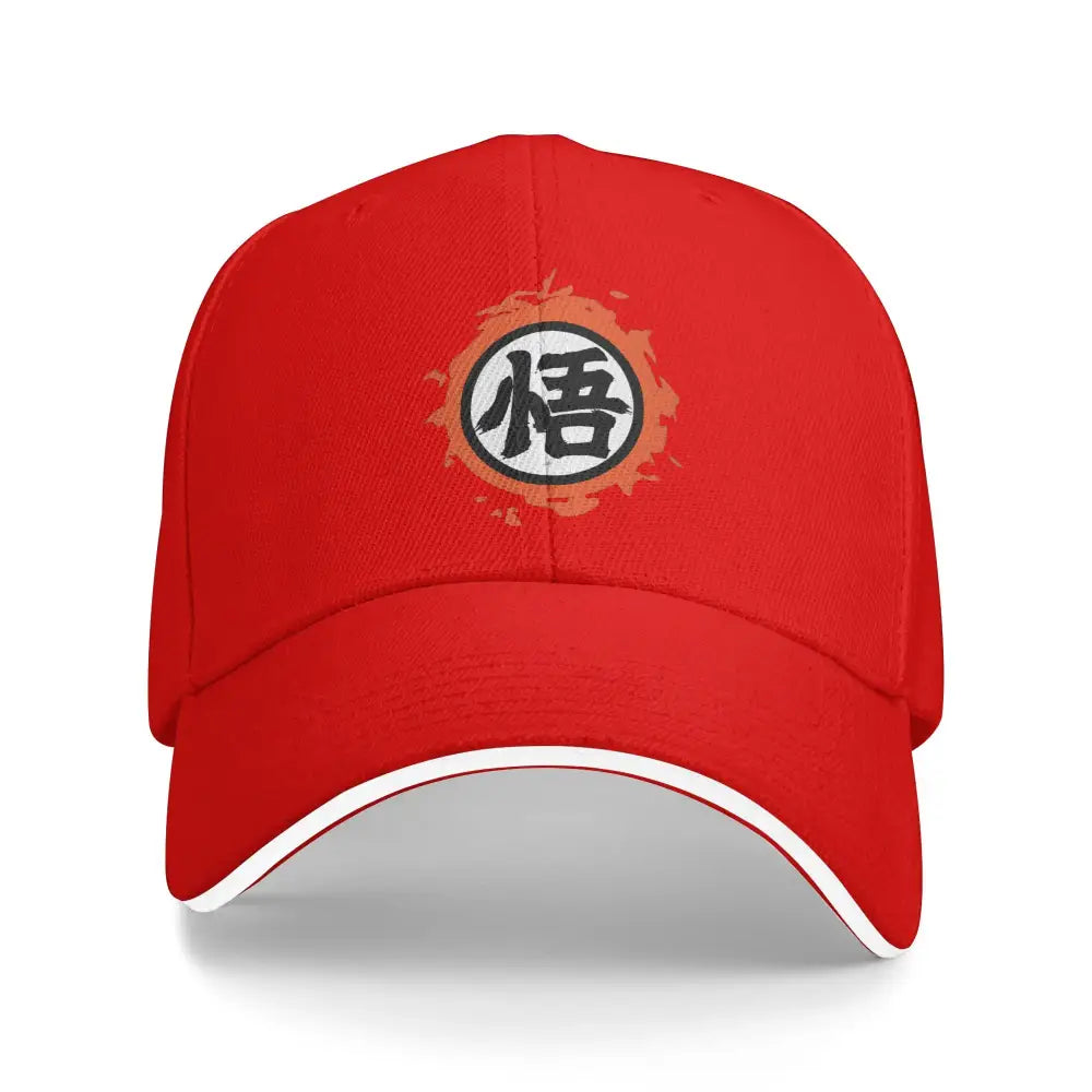 Red dragon ball z goku snapback cap with adjustable fit and white and black悟 logo embroidered on front