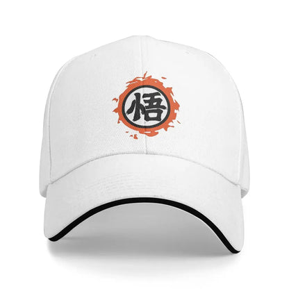White adjustable snapback baseball cap with black and orange embroidered悟 logo for dragon ball z goku fans