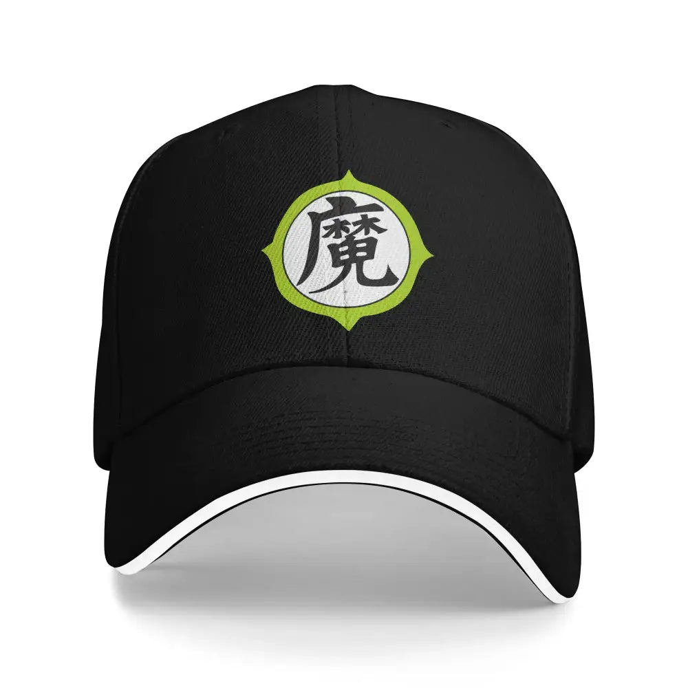 Black dragon ball z goku snapback cap with white and lime green embroidered 魔 logo and adjustable fit
