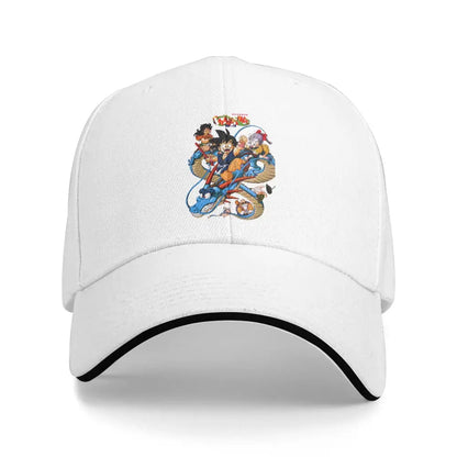 White baseball cap with black trim featuring colorful embroidered dragon ball z goku on adjustable snapback fit