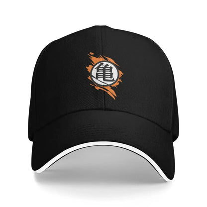 Black Dragon Ball Z Goku snapback cap with white and orange embroidered logo and adjustable fit