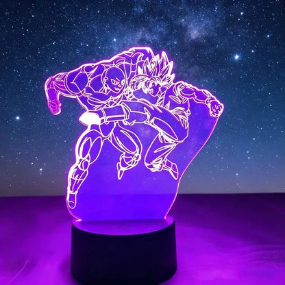 Purple glowing 3d led desk lamp featuring goku vegeta dynamic combat poses from dragon ball z night light
