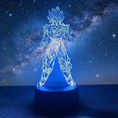 Blue-lit 3d led desk lamp featuring glowing outline of goku in super saiyan form from dragon ball goku vegeta design