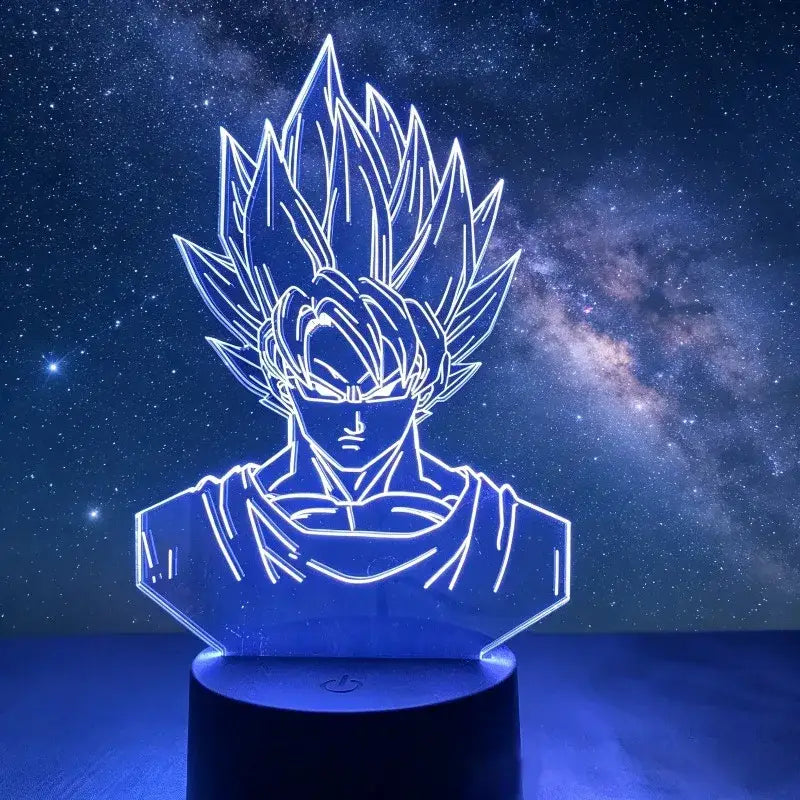 Blue illuminated 3d led desk lamp featuring a stylized goku from dragon ball z for goku vegeta fans