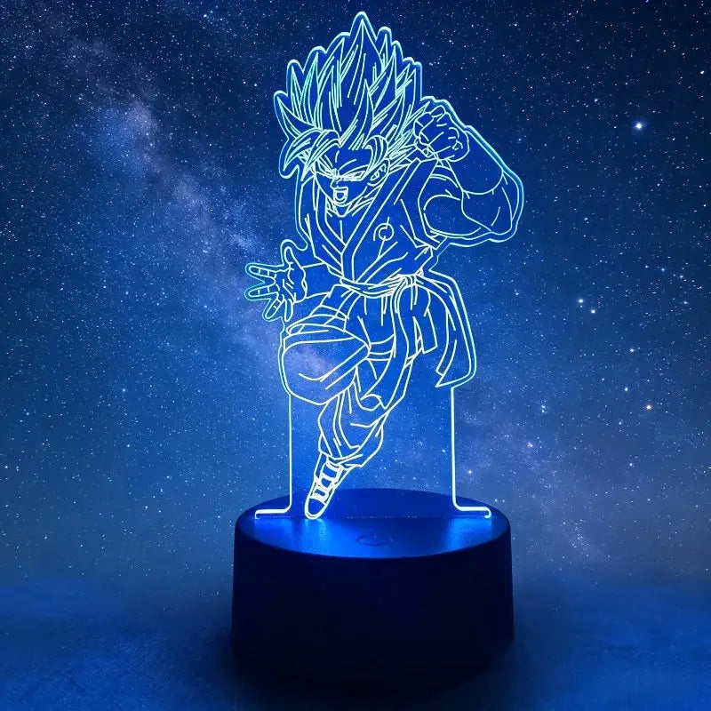 Blue glowing led desk lamp shaped like dynamic goku character from dragon ball z for goku vegeta fans