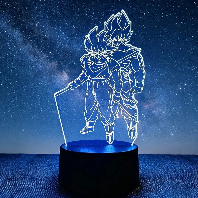 Blue led desk lamp featuring illuminated goku and vegeta dragon ball z characters in a dynamic pose on black base