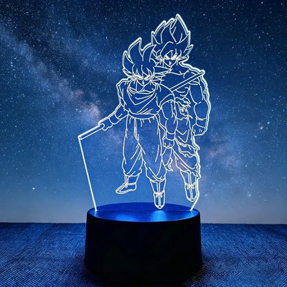 Blue led desk lamp featuring illuminated goku and vegeta dragon ball z characters in a dynamic pose on black base