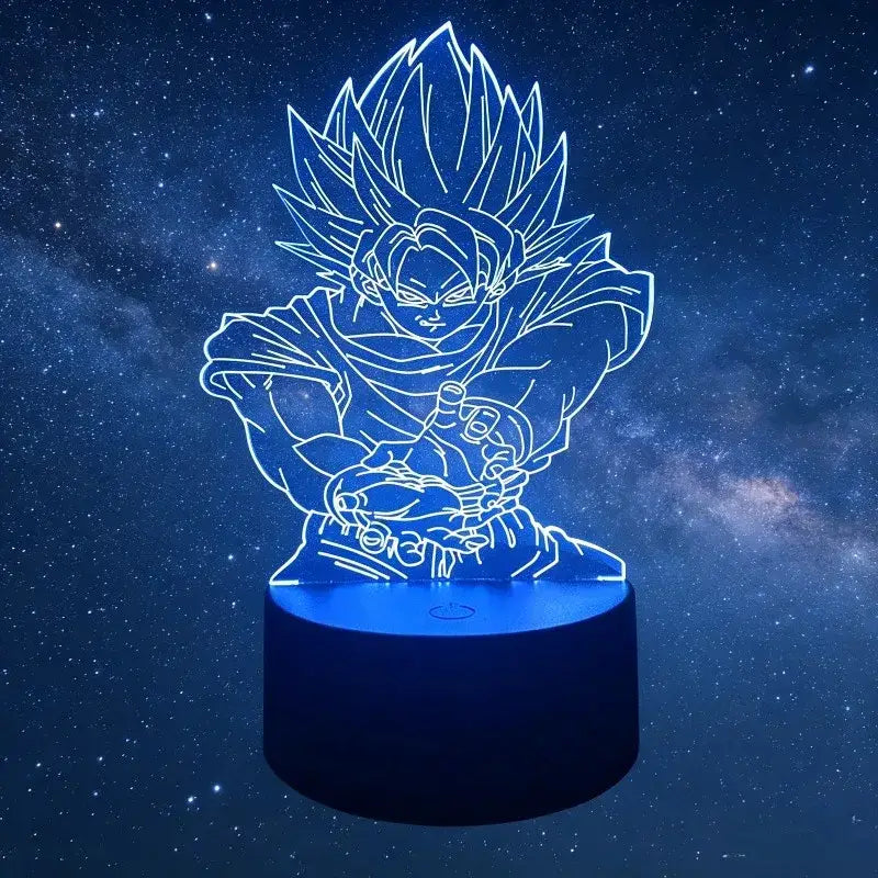 Blue-lit 3d led desk lamp featuring glowing outline of goku in super saiyan form for dragon ball z goku vegeta fans