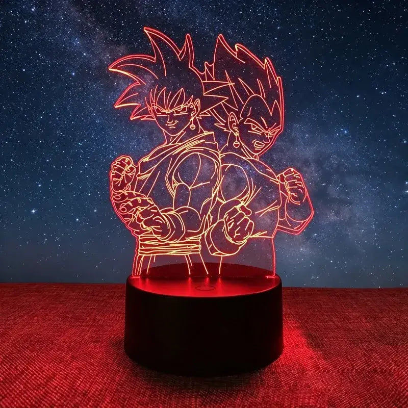 Red glowing led desk lamp featuring dragon ball z goku vegeta in dynamic pose with orange-red backlight and starry sky backdrop