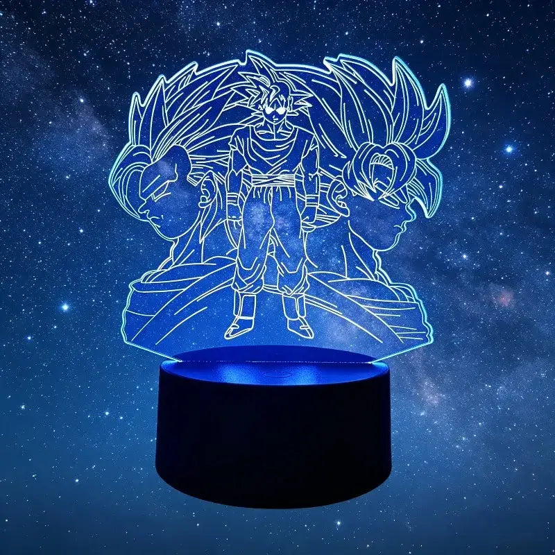 Blue-lit dragon ball z goku vegeta led desk lamp with 3d illuminated outlines against starry night sky backdrop