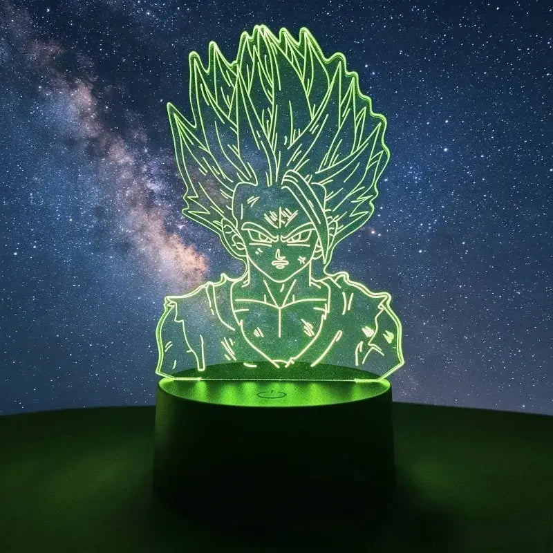 Green-lit dragon ball z goku vegeta led desk lamp with 3d glowing outline of goku in battle-worn armor